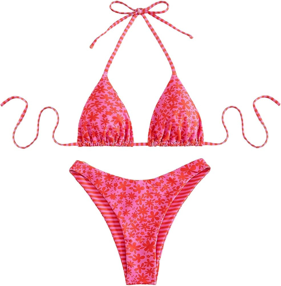 WDIRARA Women's 2 Piece Floral Striped Bikini Set Halter String Thong Swimsuit High Cut Bathing S... | Amazon (US)