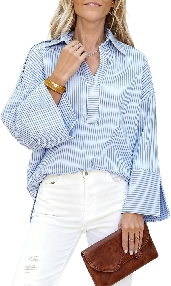 Watashi Women Button Down Shirt Casual Striped Print Dressy Henley Shirts Loose Long Sleeve Colla... | Amazon (US)