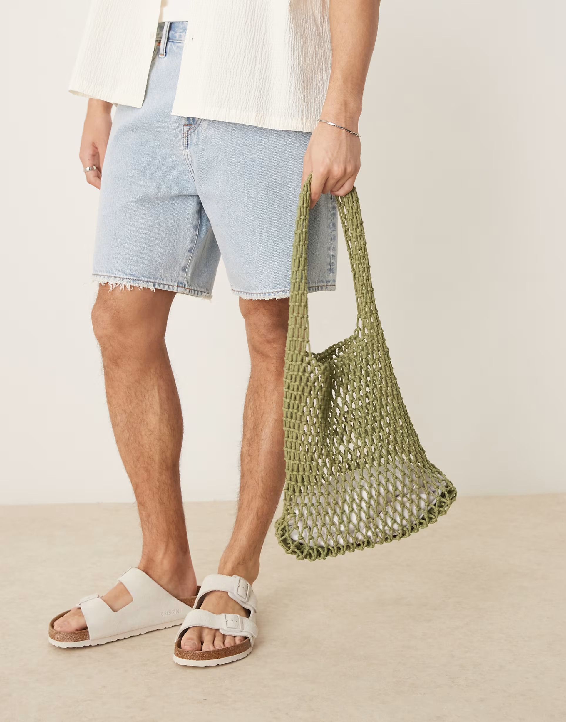 ASOS DESIGN woven crochet sling tote bag in green | ASOS (Global)