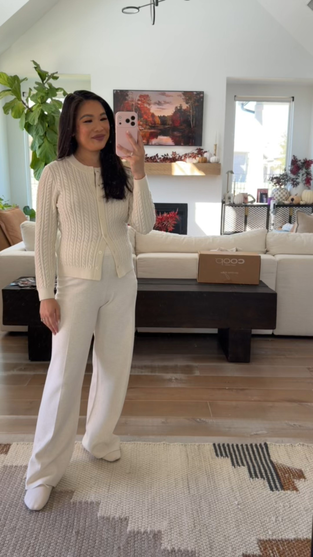 Postpartum outfit with cashmere cardigan and cotton blend pants that I sized up to a medium in! Styled with my cashmere slippers that I love. 

#LTKStyleTip #LTKmomlife #LTKSeasonal