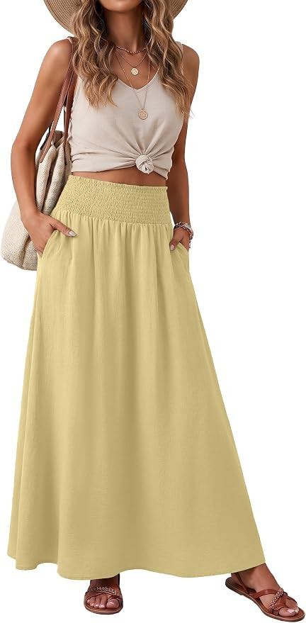 Maxi Skirts for Women Smocked Elastic High Waisted Casual Boho Swing Pleated Beach Long Skirts wi... | Amazon (US)