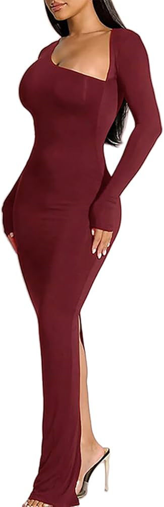 Uni Clau 2024 Women's Long Sleeve Back Slit Wrap Dress Fall Bodycon Sexy Club Party Long Maxi Dre... | Amazon (US)