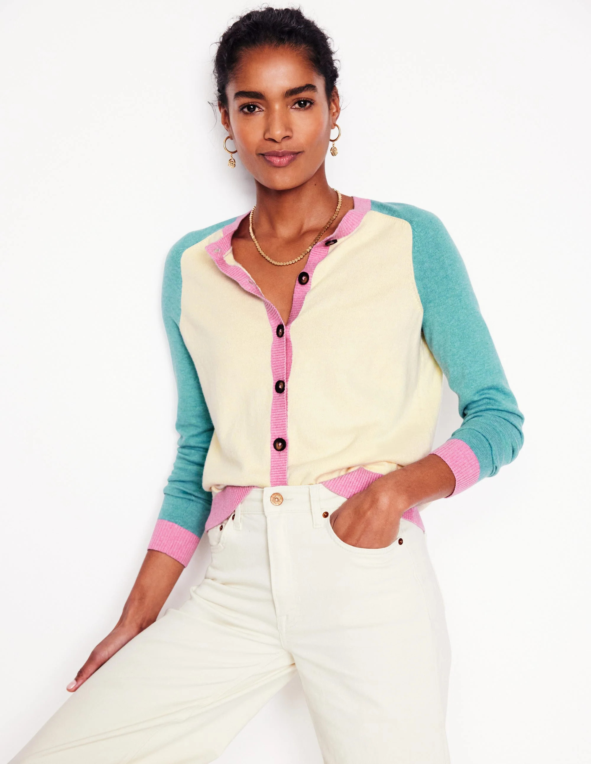Meg Saddle Sleeve Cardigan-Warm Ivory, Colourblock | Boden UK