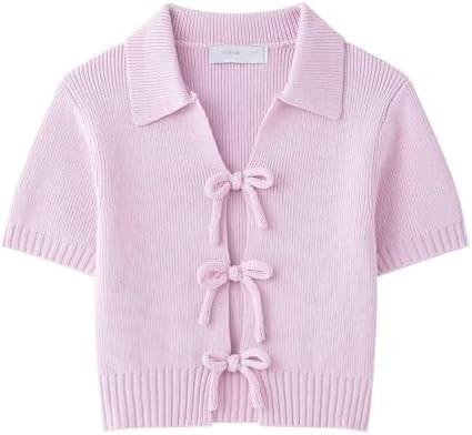 Coquette Pink Bow Tie Knit Blouse Y2K Preppy Sweetheart Short Sleeve Crop Top Balletcore Aestheti... | Amazon (US)