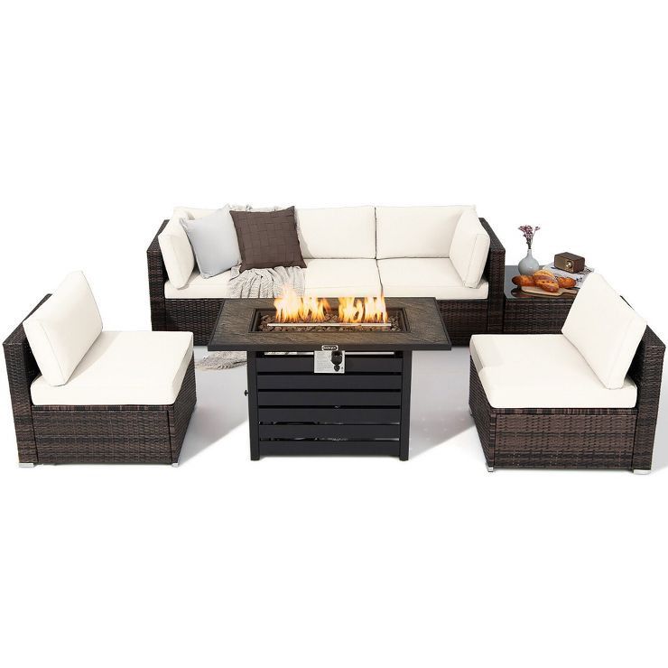 Tangkula 7PCS Patio Rattan Furniture Set 42" Fire Pit Table w/ Cover Cushioned | Target