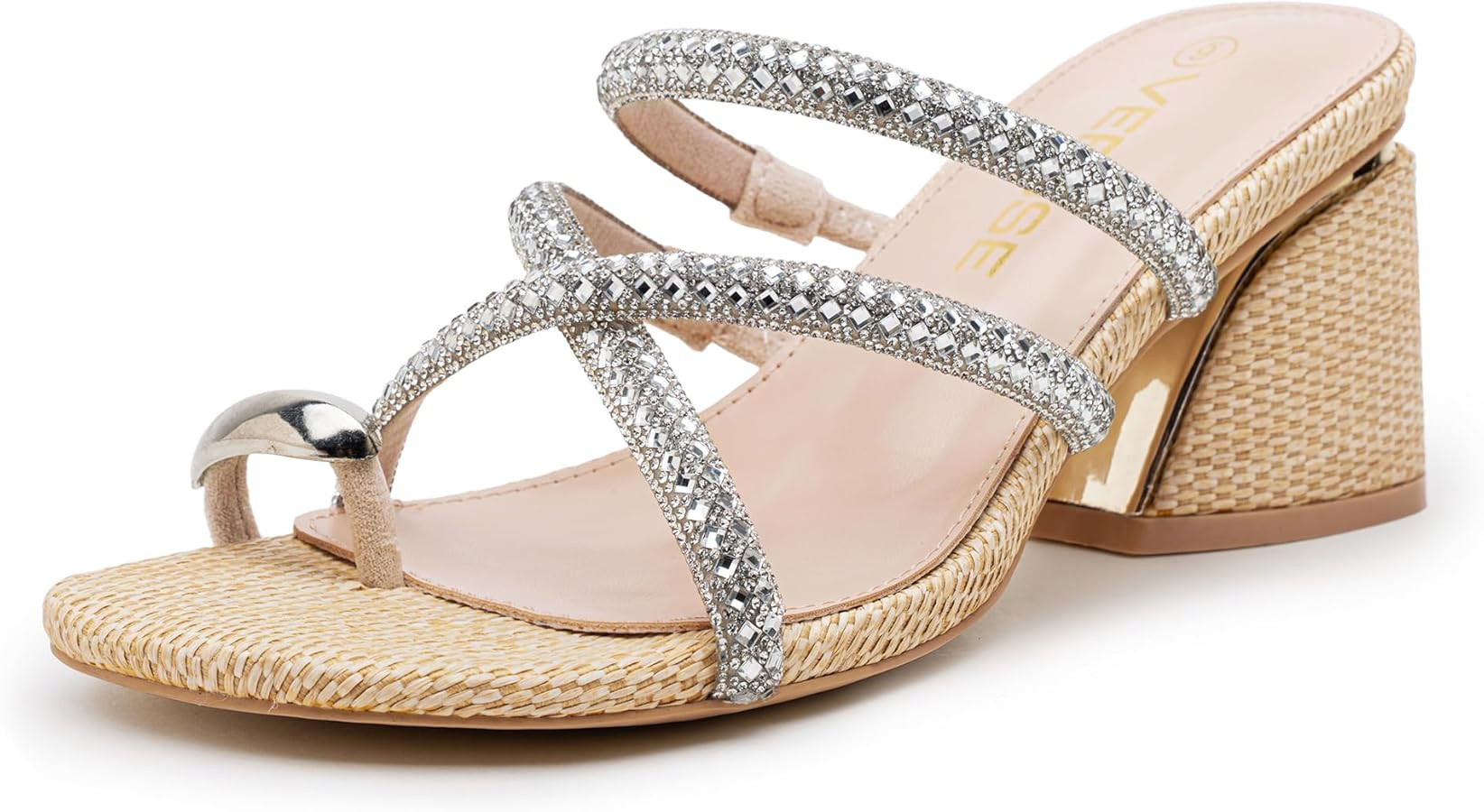 Amazon.com | Vepose Women's Apricot Heeled Sandals 3 Inch Chunky Block Raffia Heels - Rhinestone Strappy Open Toe Slip On Shoes for Wedding Guest and Prom Dressy Daily Wear, Size 8.5 US (CJY6122 apricot 08.5) | Heeled Sandals | Amazon (US)