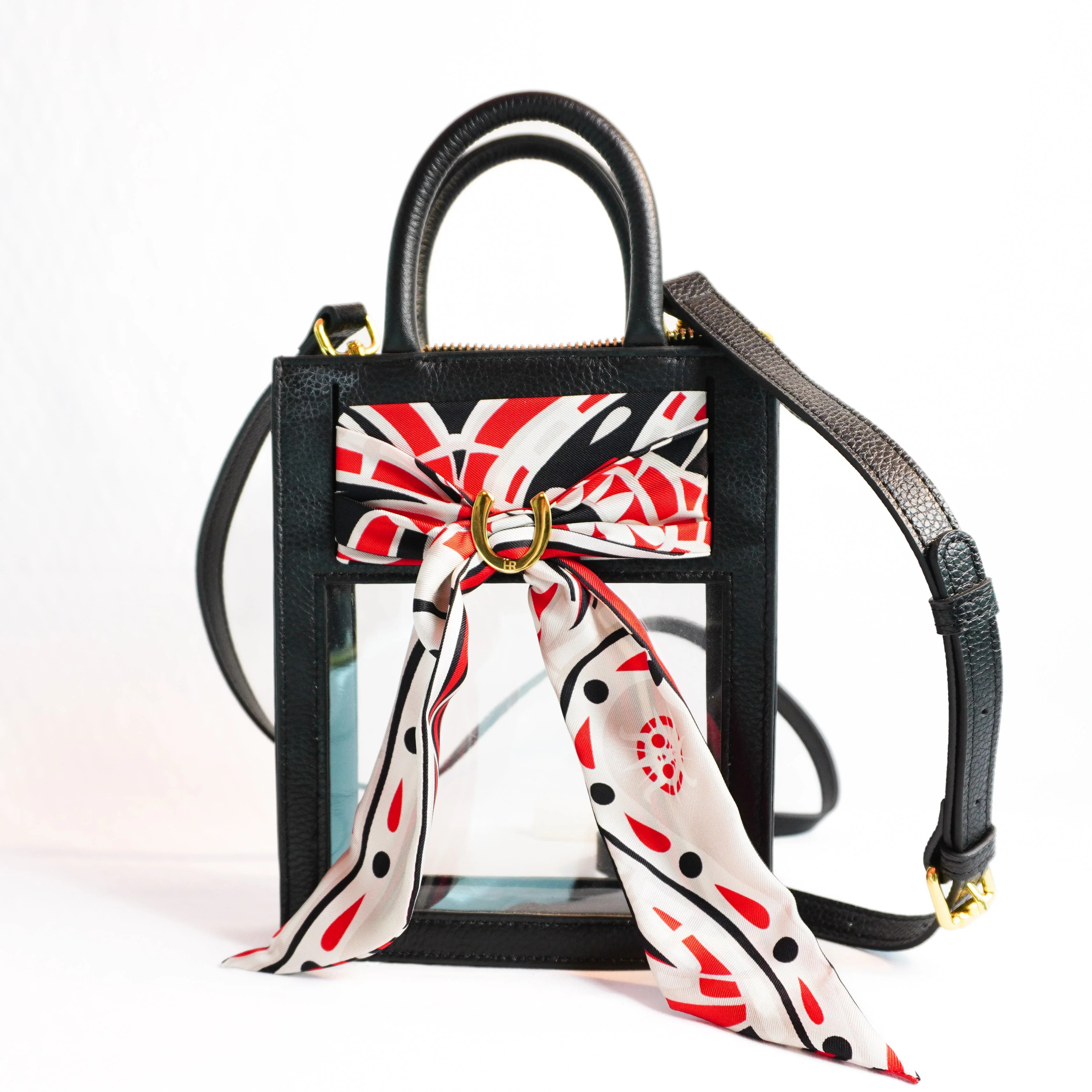 Stadium Approved Leather Top Handle Purse with Red and Black Silk Twill Skinny Scarf | Hampton Road Designs, LLC