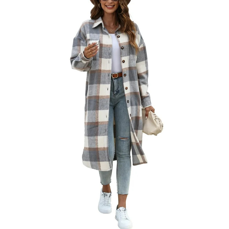 Fantaslook Flannel Shirts for Women Button Up Plaid Shirt Long Pocketed Shacket Jacket Coat | Walmart (US)