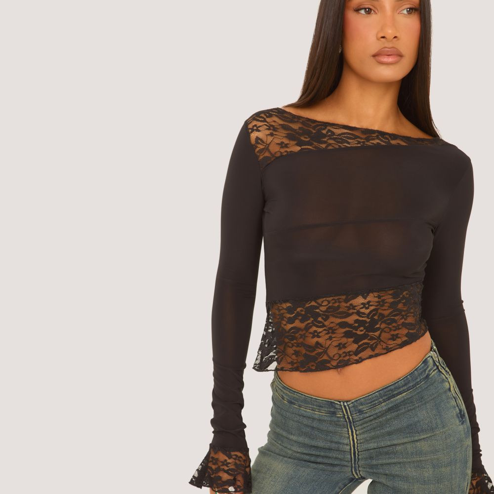 Long Frill Sleeve Lace Detail Asymmetric Top In Black | EGO (UK)