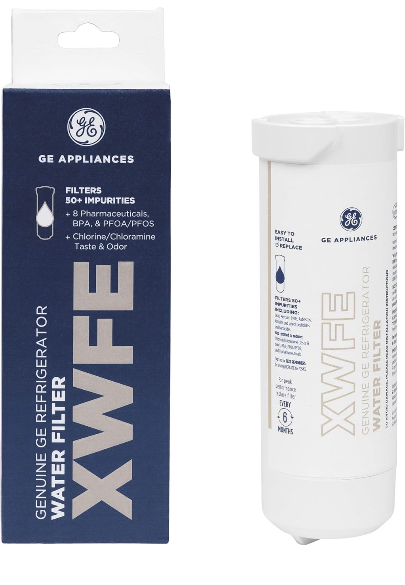 GE XWFE Refrigerator Water Filter, Genuine Replacement Filter, Certified to Reduce Lead, Sulfur, and 50+ Other Impurities, Replace Every 6 Months for Best Results, Pack of 1