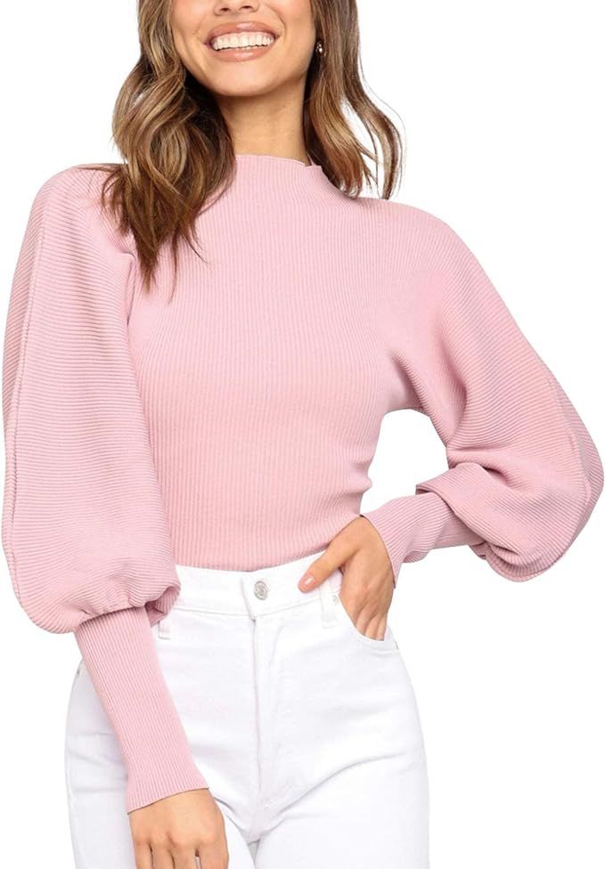 ACOSAP Woman Sweaters Mock Neck Lantern Puff Cuff Long Sleeve Knitted Slim Fit Cropped Pullover S... | Amazon (US)