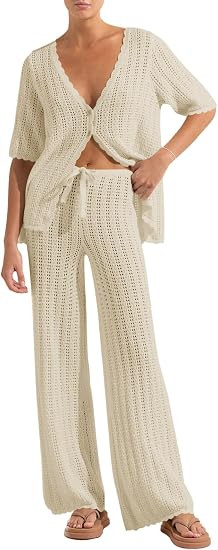 Imily Bela Women's Summer 2 Piece Swimsuit Cover up Crochet Knit Cardigan Tops Long Pants Set Bat... | Amazon (US)