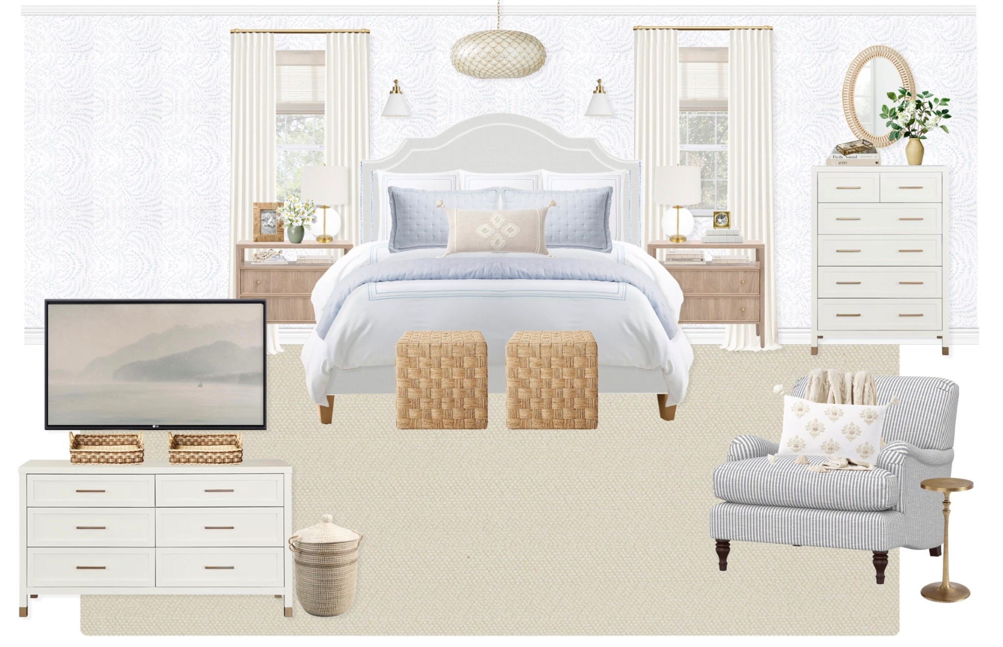 Classic Coastal Bedroom Design 🤍
#coastalhome #blueandwhite #wallpaper #bedding #nightstands #lighting #curtains #windowtreatments #romanshades 

#LTKHome