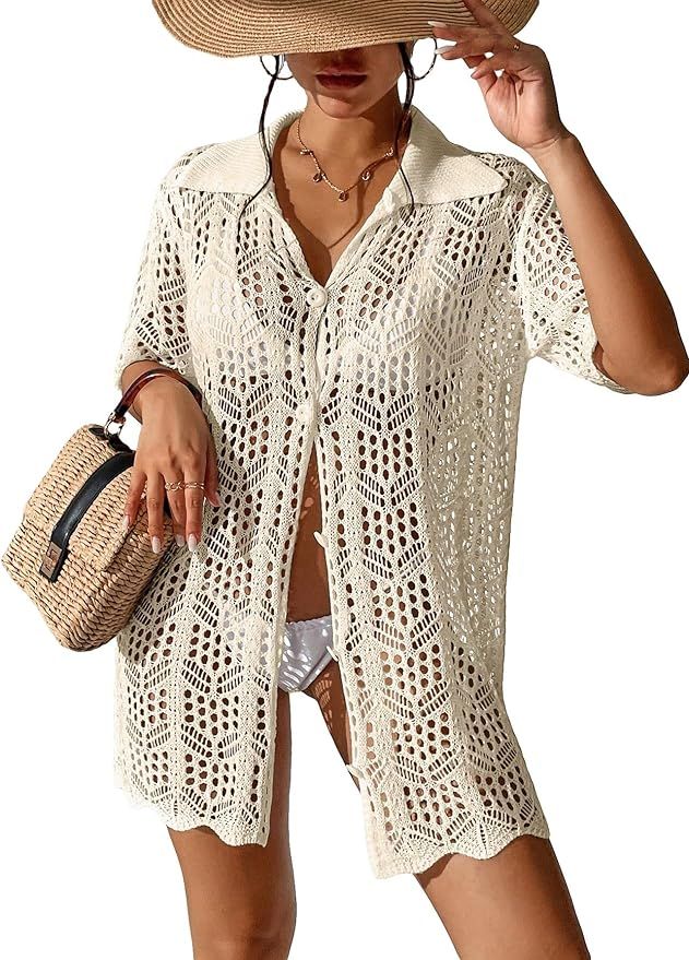 GORGLITTER Women's Crochet Swimsuit Coverup Hollow Out Short Sleeve Button Down Beach Cover Ups | Amazon (US)