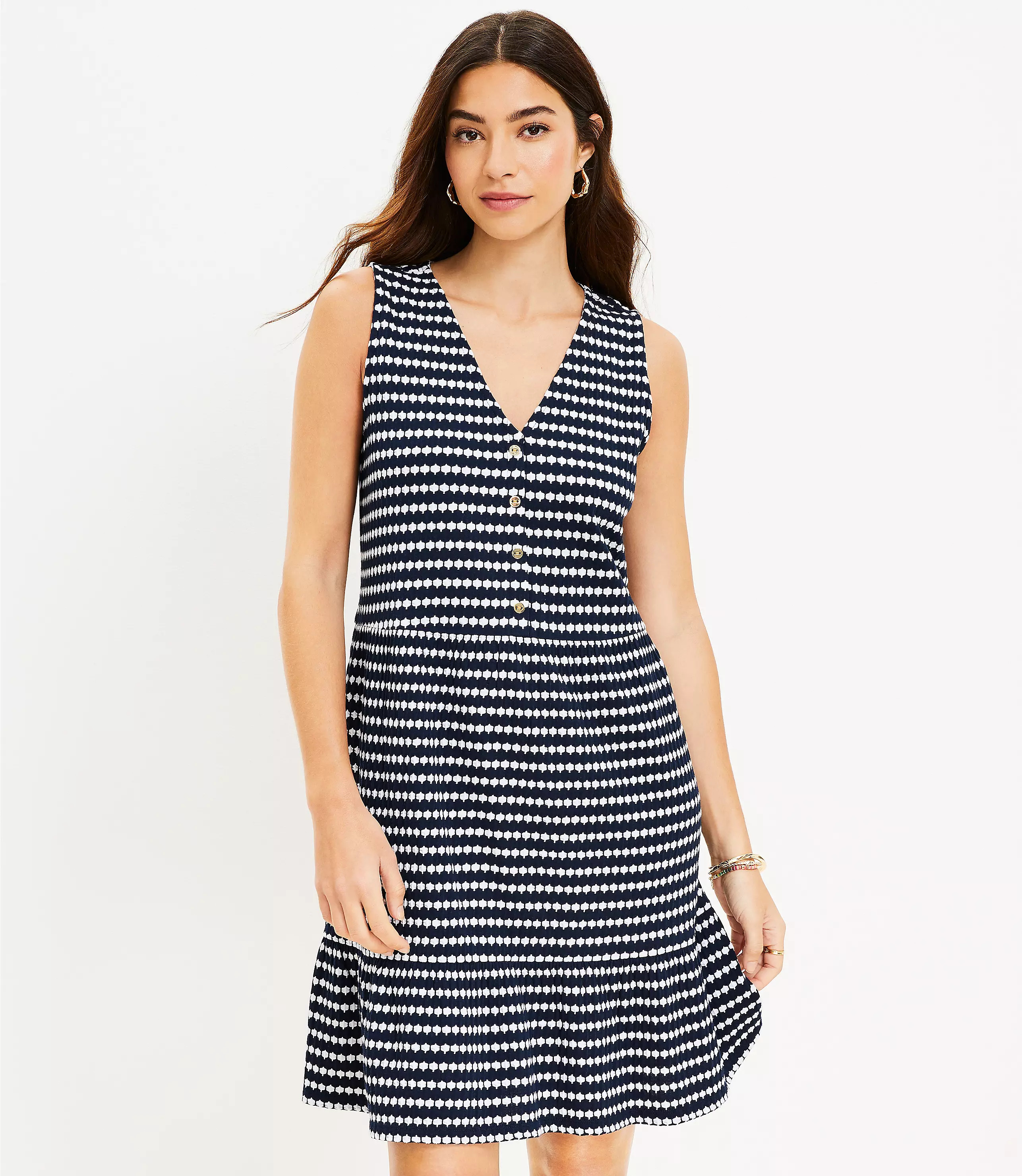 Jacquard Button V-Neck Swing Dress | LOFT