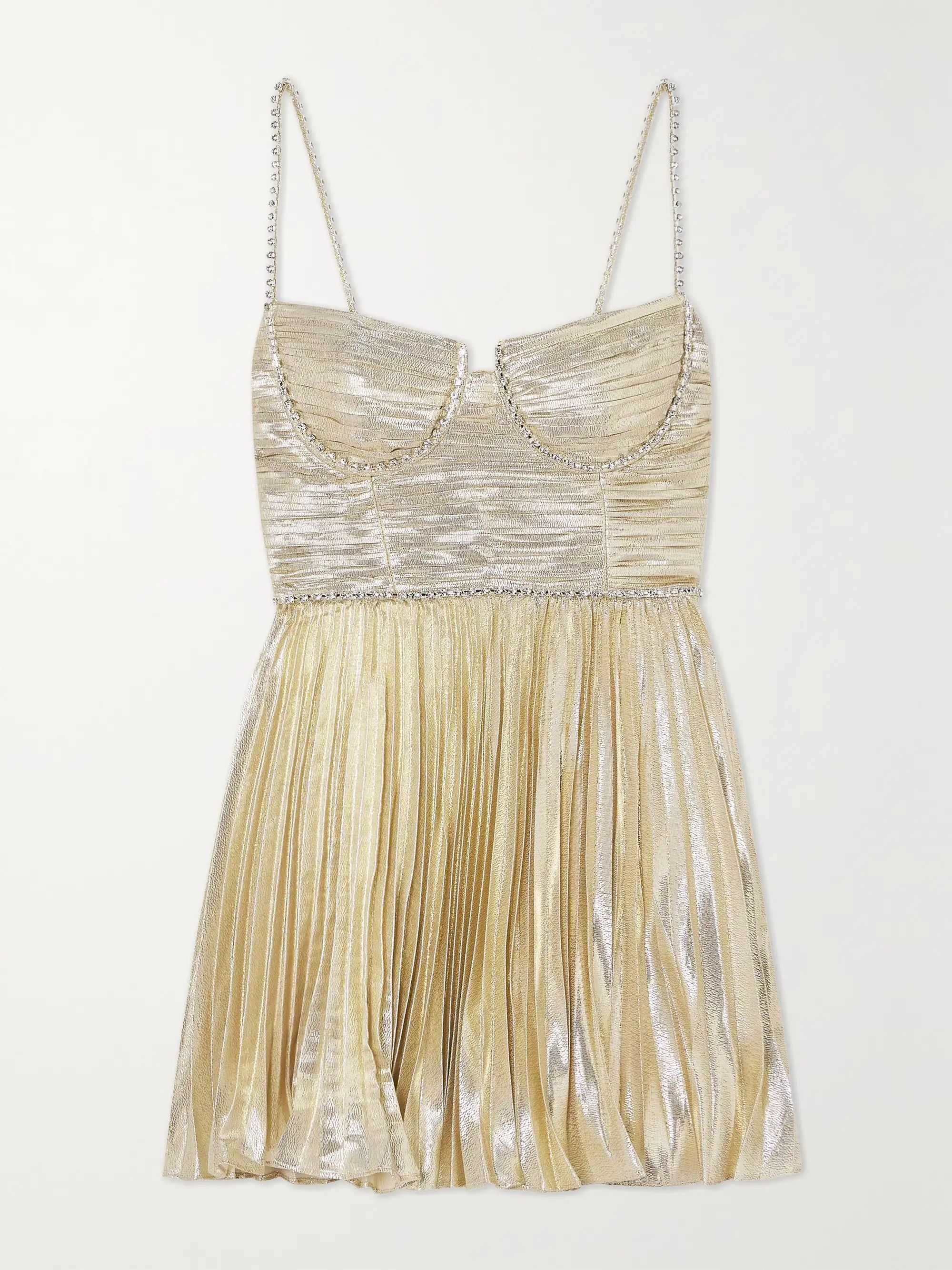 SELF-PORTRAITCrystal-embellished plissé-lamé mini dress | NET-A-PORTER (US)