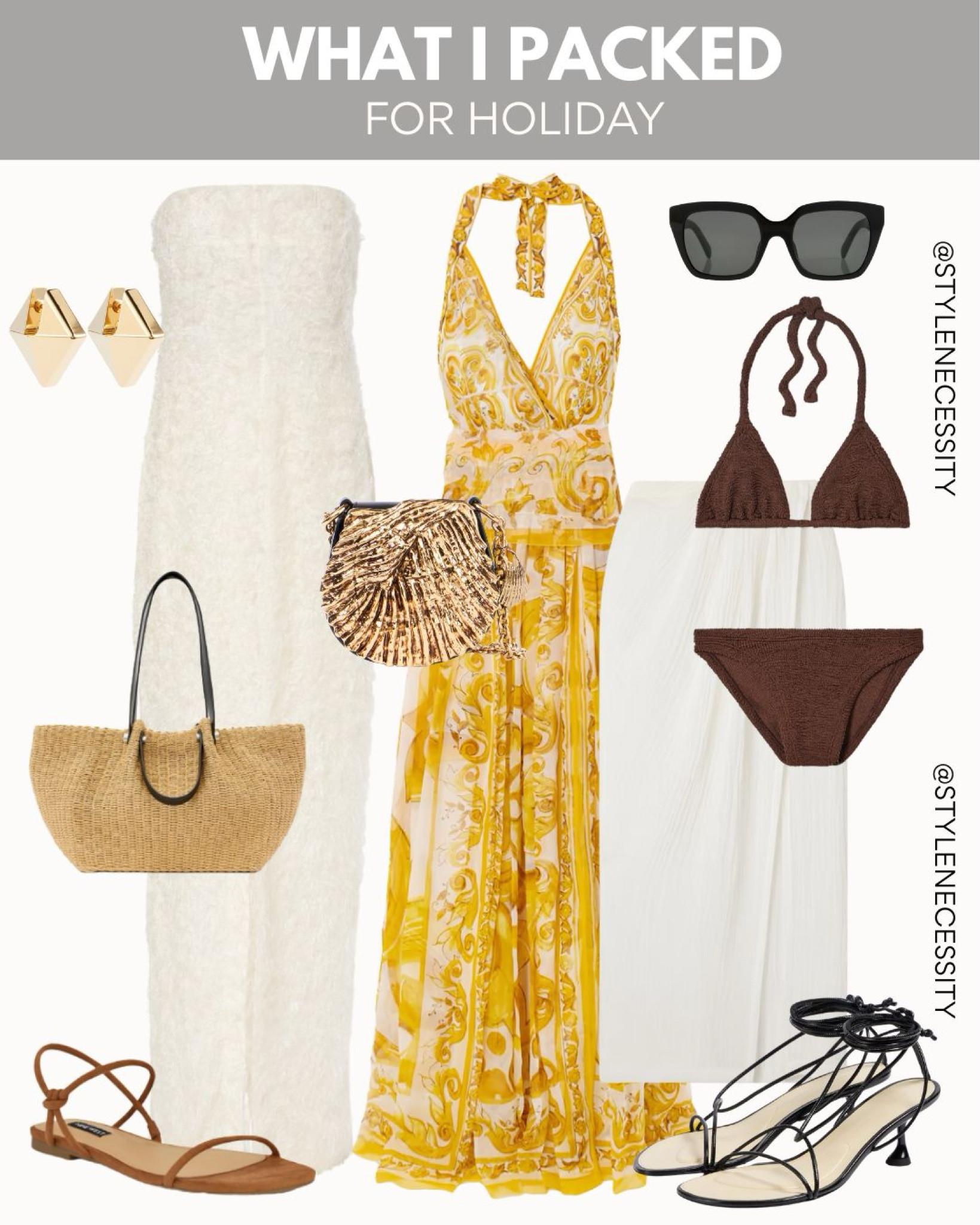 Headed on a sunny getaway? ☀️

Here’s a peek at what I packed for holiday—a curated collection of resort-ready outfits that are equal parts chic and functional. From breezy dresses to beachside accessories, this is your ultimate vacation wardrobe inspiration. ✨

Outfit Breakdown:
	•	Strapless Textured Dress – Effortless and elegant for warm evenings or seaside dinners.
	•	Yellow Baroque Halter Maxi Dress – The standout piece that screams tropical glam.
	•	Brown Textured Bikini – A flattering swimwear staple with a high-fashion twist.
	•	White Sheer Cover-Up Skirt – Lightweight and versatile, perfect for poolside lounging.
	•	Statement Sunglasses – Because no vacay look is complete without bold shades.
	•	Rattan Tote Bag + Gold Clutch – From beach days to night strolls, these bags do it all.
	•	Flat & Heeled Sandals – Day-to-night comfort and style options.
	•	Geometric Gold Earrings – Just the right amount of shine to elevate every look.

Whether you’re jet-setting to a tropical paradise or planning a coastal road trip, this holiday wardrobe has your back. 💕

#VacationOutfits #ResortWear #HolidayPackingList #BeachVacationStyle #TropicalOutfits #SummerTravelEssentials #WhatIPacked #VacationStyle #ChicTravelLooks #StyleNecessity #ResortStyle #FashionTravel #WanderlustWardrobe #TravelInStyle

#LTKtravel #LTKswimwear #LTKsummer