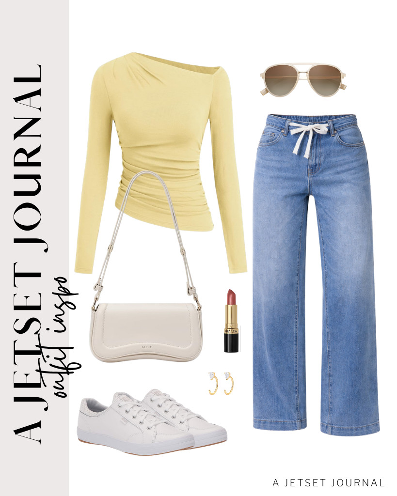 A cheerful yellow top paired with jeans radiates warmth and brightness! Make it cozy with stylish Keds lace-up sneakers and a chic Keyli shoulder bag. Complete the ensemble with trendy SOJOS sunglasses and a pop of color from Revlon Super Lustrous lipstick for a fun, fabulous look! 

 #LTKSeasonal #LTKSaleAlert #LTKTravel