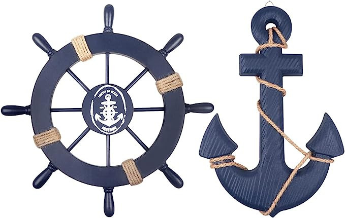 2 Pack 11" Nautical Beach Wooden Ship Wheel and 13" Wooden Anchor with Rope Nautical Boat Steerin... | Amazon (US)