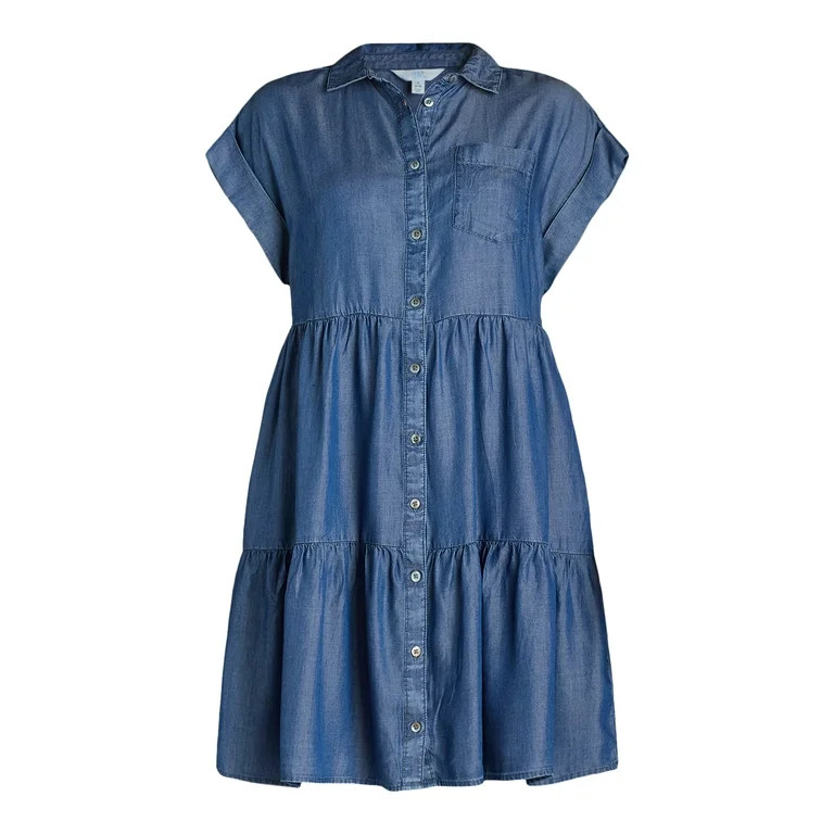 Time and Tru Women's Tiered Mini Shirt Dress, Sizes XS-XXXL | Walmart (US)
