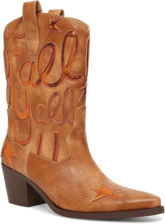 Metallic Cowboy boots for Women Mid Calf Low Heel Pointed Toe Womens Cowgirl Boots Fashion Embroi... | Amazon (US)