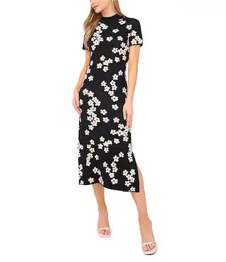 CeCe Knit Floral Jacquard Print Round Neck Short Sleeve Midi Dress | Dillard's | Dillard's