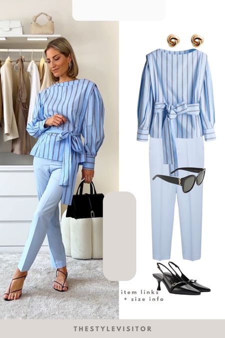 Spring office outfit idea 👩🏼‍💻 wearing blouse in xs, pants in 32/xxs, both tts

Read the size guide/size reviews to pick the right size.

Leave a 🖤 to favorite this post and come back later to shop

Cigarette trousers, tailored trousers, work outfit, office outfit, striped blouse, blouse with bow, slingbacks, ysl sunglasses, spring outfit 

#LTKSeasonal #LTKworkwear #LTKstyletip