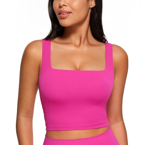 CRZ YOGA Butterluxe Womens Square Neck Longline Sports Bra - Workout Crop Tank Tops Padded Yoga Camisole with Built in Pads Hibiscus Purple Medium | Amazon (US)