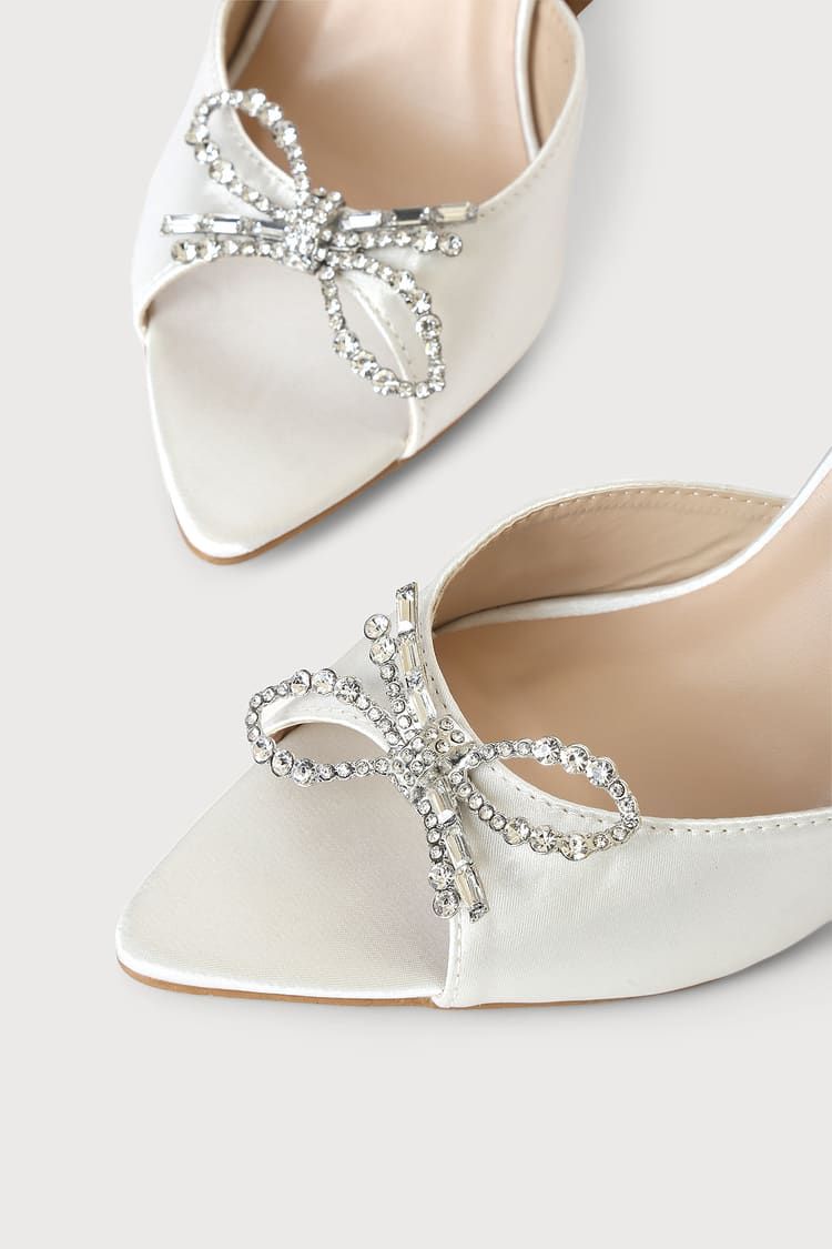 Glowest White Satin Rhinestone Pyramid Heel Peep-Toe Pumps | Lulus (US)