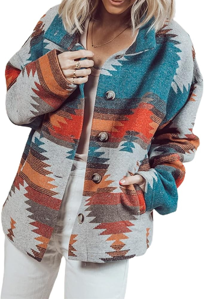 Yidarer Women's Denim Aztec Jacket Lapel Long Sleeve Vintage Button Down Denim Jacket | Amazon (US)