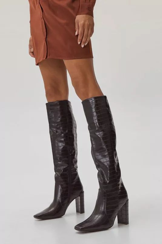 Faux Leather Croc Knee High Heeled Boots | Nasty Gal (US)