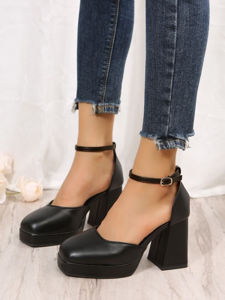 Minimalist Square Toe Platform Chunky Heeled Ankle Strap Pumps, Elegant Black Solid Color Ankle S... | SHEIN