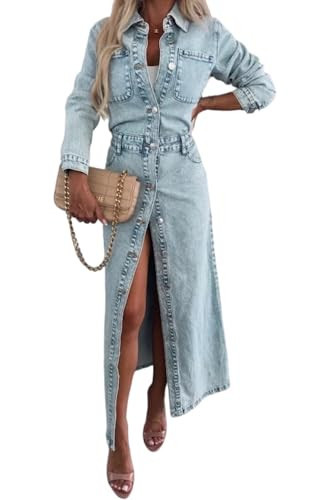 yoeasy Womens Button Down Denim Dress Fall Trendy Long Sleeve Bodycon Denim Maxi Dress Casual A Line Jean Dress (Medium, Light Blue) | Amazon (US)