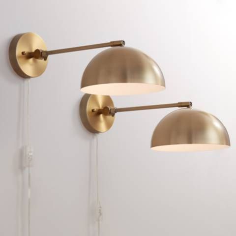 Brava Antique Brass Down-Light Plug-In Wall Lamps Set of 2 | Lamps Plus