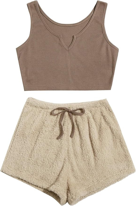 Verdusa Women's 2 Piece PJ Set Notched Tank Top & Teddy Shorts Fuzzy Lounge Pajama Set | Amazon (US)