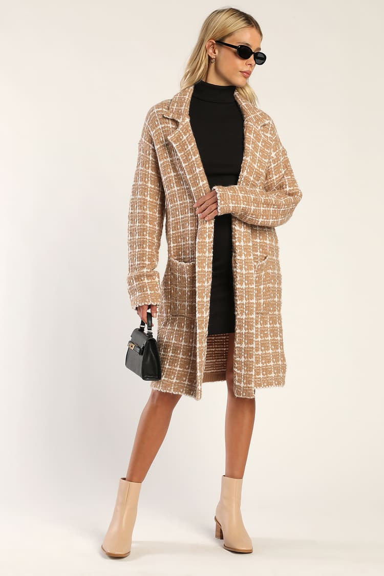 Cozy Conditions Tan and White Knit Plaid Coatigan | Lulus (US)