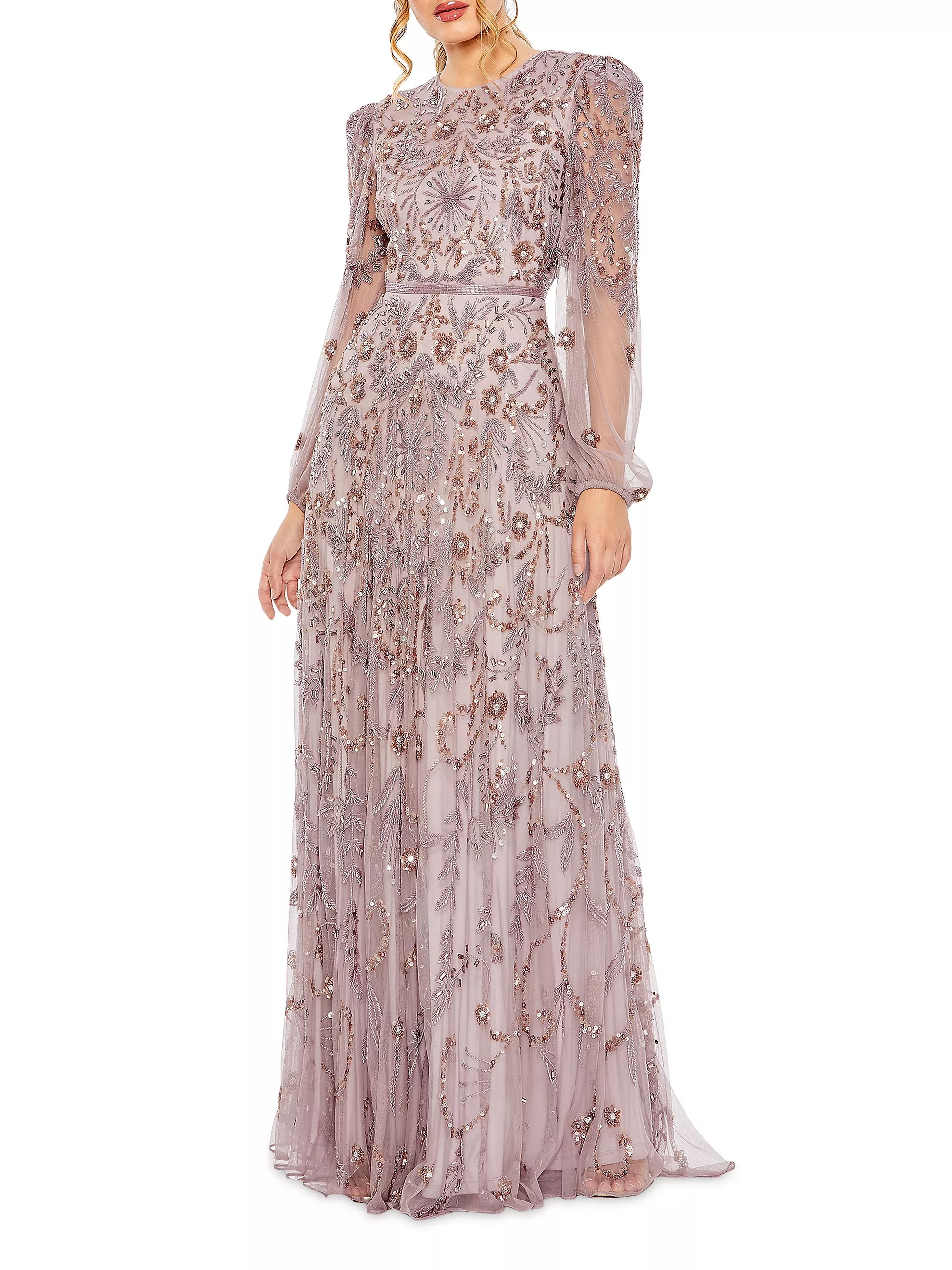 Beaded & Sequined Puff-Sleeve Gown | Saks Fifth Avenue