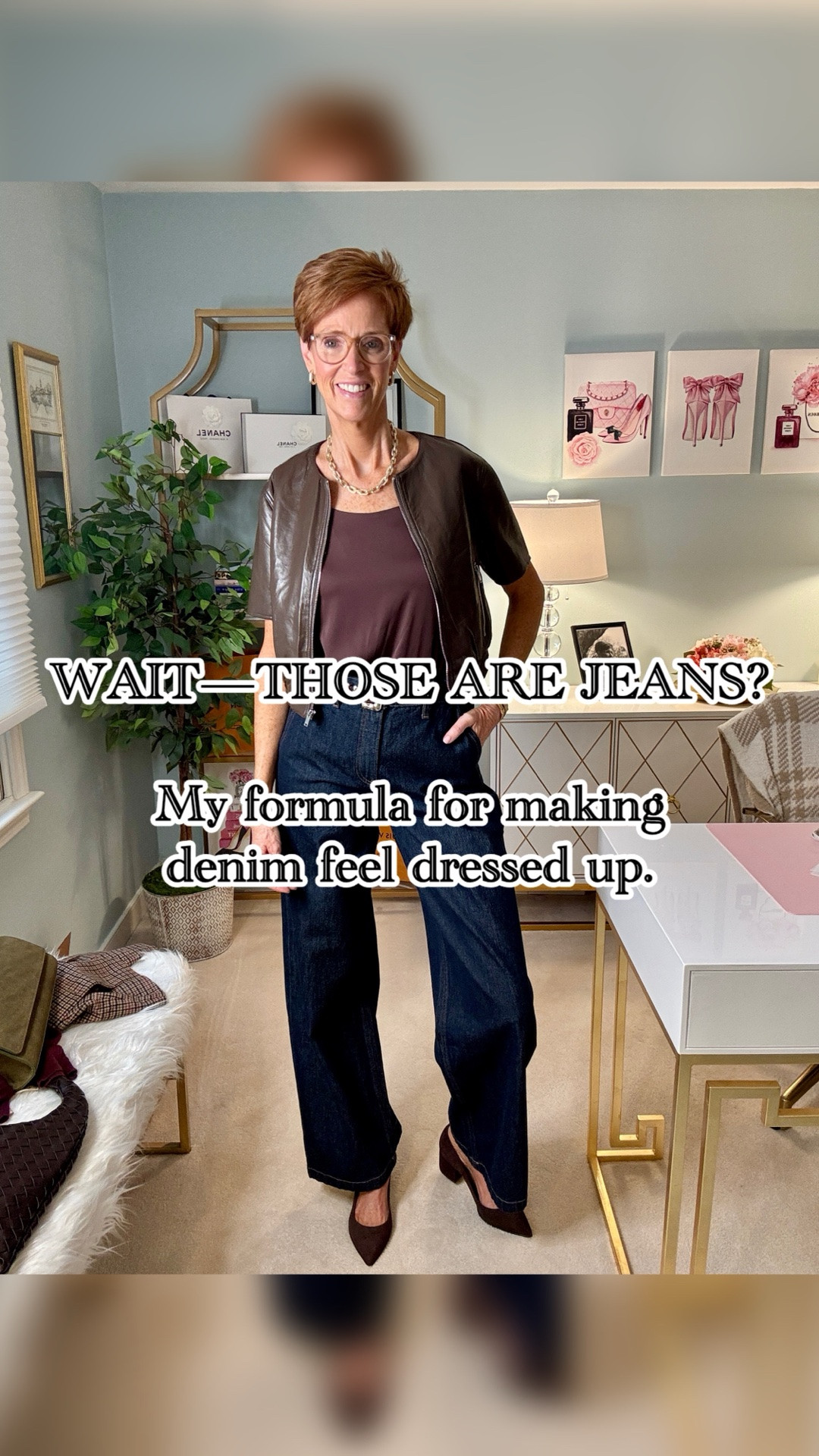Yes, I’m wearing jeans for an evening out—and this is exactly how I make them feel dressed up.

Want the links? Like, Follow & Comment and I’ll send links right to your DM.

My version of evening style doesn't have to mean a dress or an outfit I'll only wear once. A dark wash trouser jean gives me the ease of denim, while a chocolate brown satin tank, short-sleeve leather jacket, suede pointed-toe heels and a mix of rich brown textures make the whole outfit feel polished.

At 56 and 6'1", I want timeless, classic style that works for my real life—and pieces I can wear more than one way. This is exactly the kind of elevated jeans outfit I reach for when I want to look put together for dinner, drinks or an evening out without feeling overdressed.

Would you wear jeans for an evening out—or are you still reaching for trousers or a dress? Tell me below.

And save this one for the next time you're standing in your closet thinking, “Can I really wear jeans?” Send it to the friend who's always looking for an easy dinner outfit, too.

#StyleOver40 #JeansOutfitIdeas #ClassicStyle

#LTKootd #LTKOver40 #LTKTall