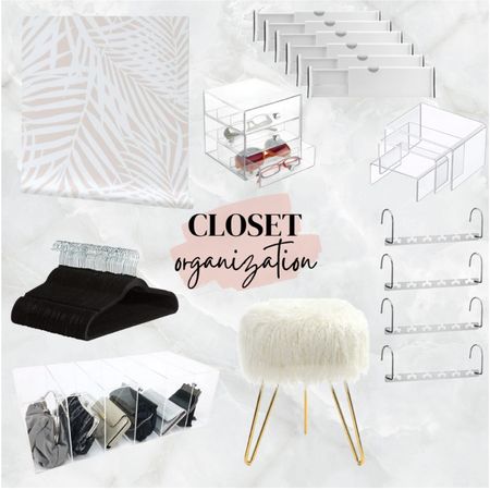  Closet organization and clear  organizer 
Faux fur stool and closet dividers 
Velvet no slip Hangers and wallpaper

#LTKhome