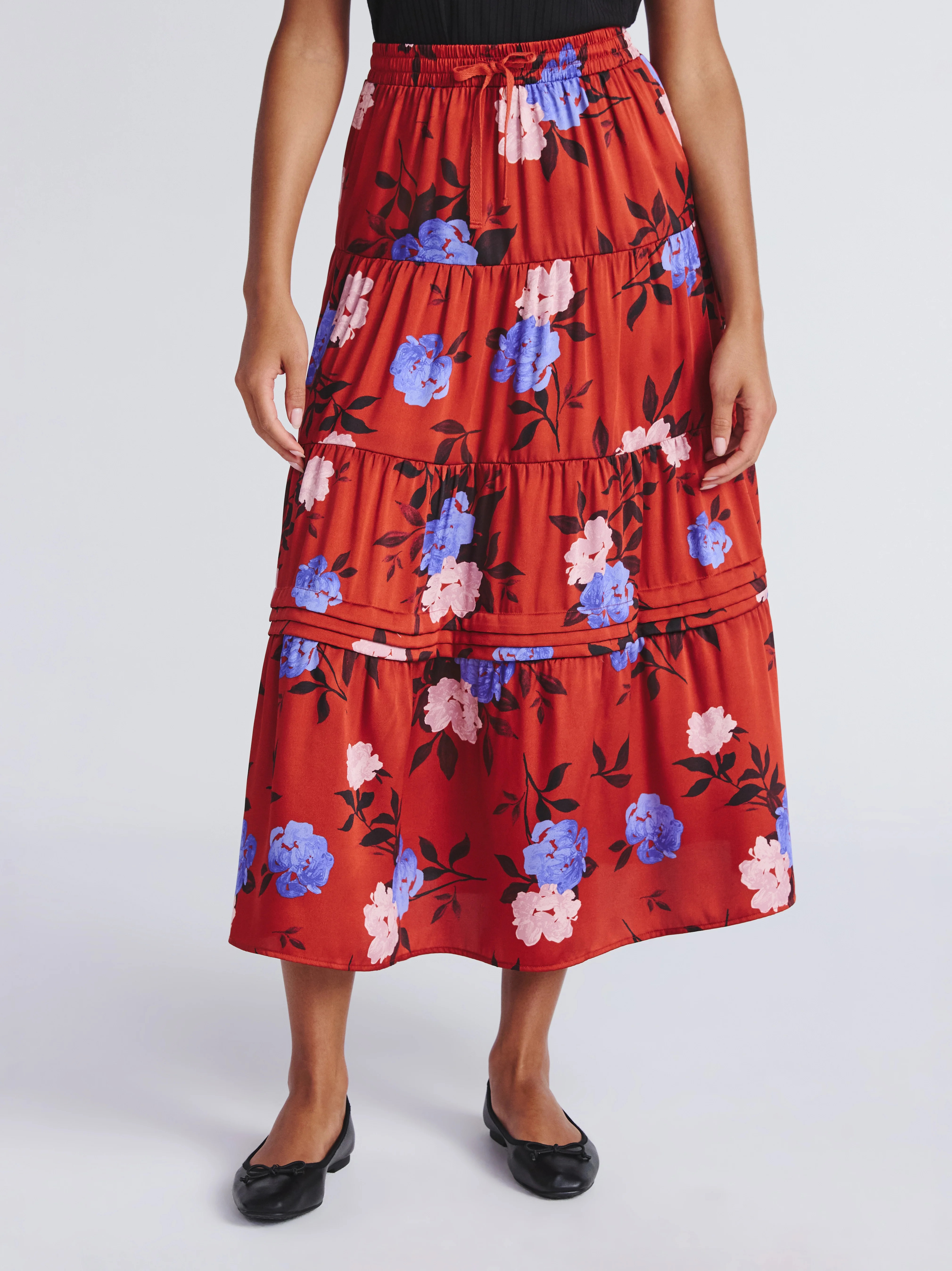 Time and Tru Women's Print Tiered Pull On Midi Skirt, Sizes XS-XXXL | Walmart (US)