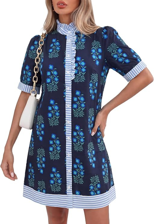 Kedera Womens Mini Dress Casual Short Sleeve Floral Ruffle V Neck Summer Loose Boho Babydoll Dres... | Amazon (US)
