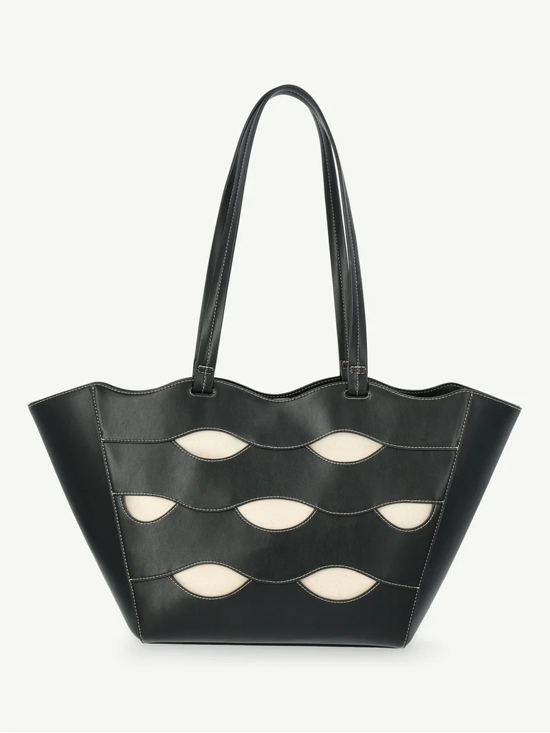 Free Assembly Women's Allegra Faux Leather Cut Out Tote Handbag, Black/Cream | Walmart (US)