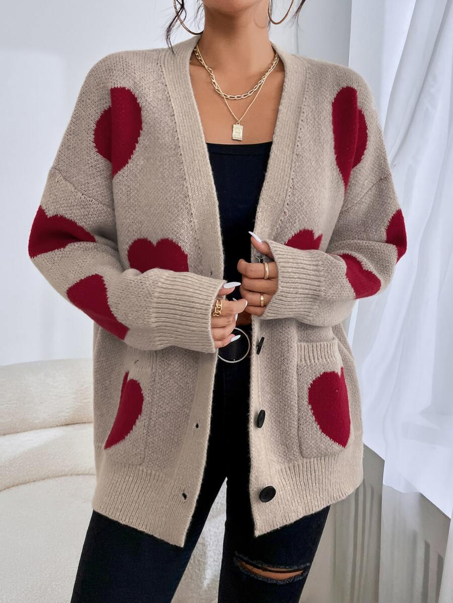 HomeWomen ClothingWomen KnitwearWomen CardigansHeart Pattern Double Pocket Drop Shoulder Cardigan | SHEIN
