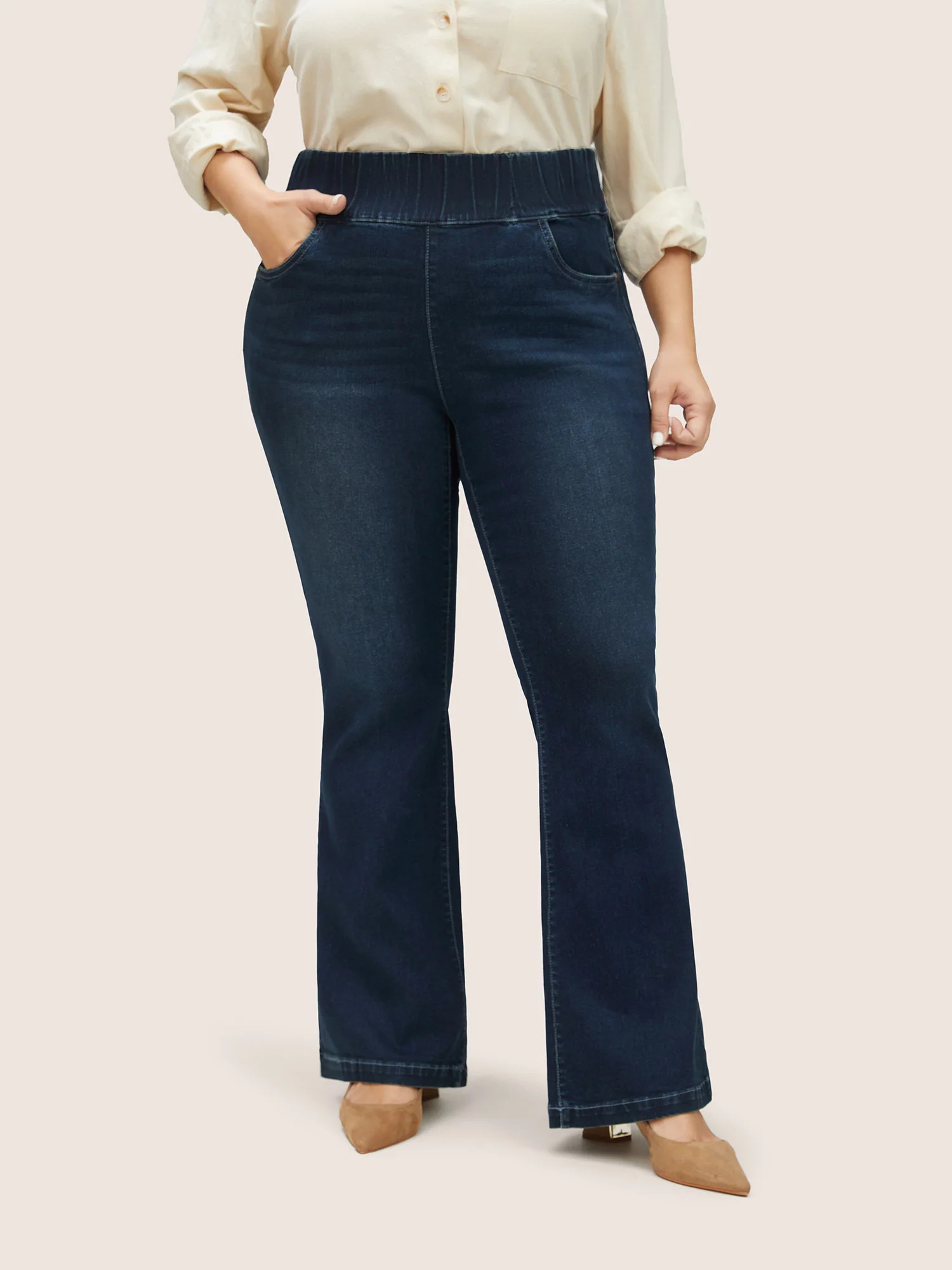Elastic Waist Flare Leg Dark Wash Jeans | Bloomchic