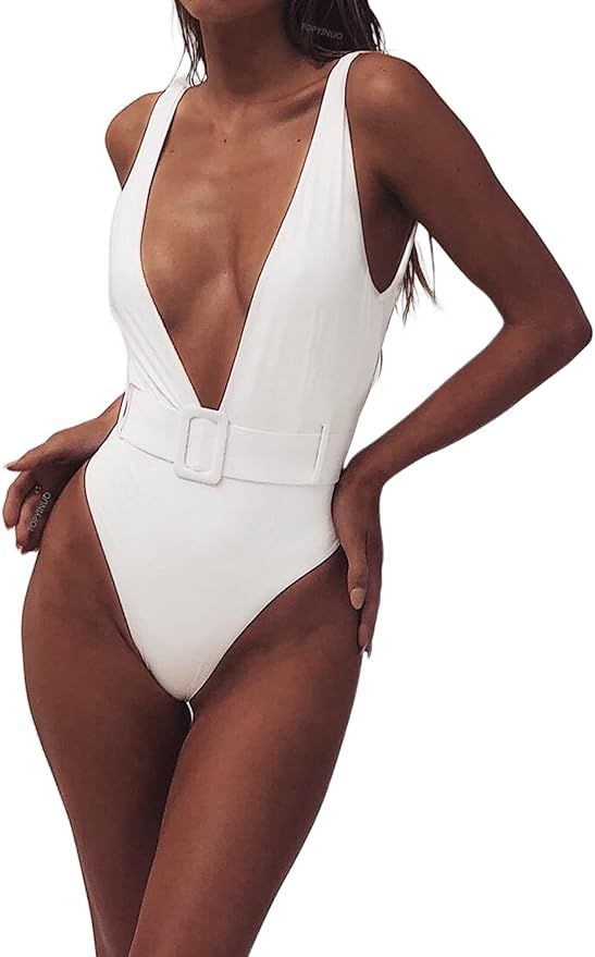 Avanova Womens Sexy Deep V Neck One Piece Swimsuit Strappy Bathing Suit with Belt | Amazon (US)
