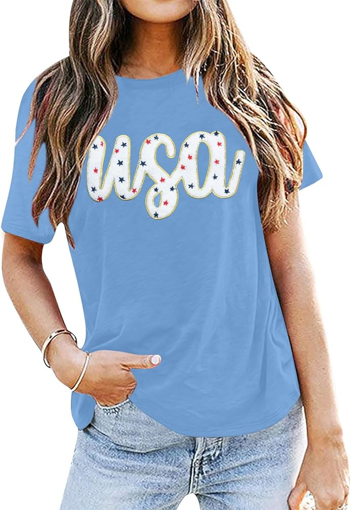 4th of July Tops Women USA Oversized Shirts American Flag T-Shirt Patriotic Shirt Casual Short Sl... | Amazon (US)
