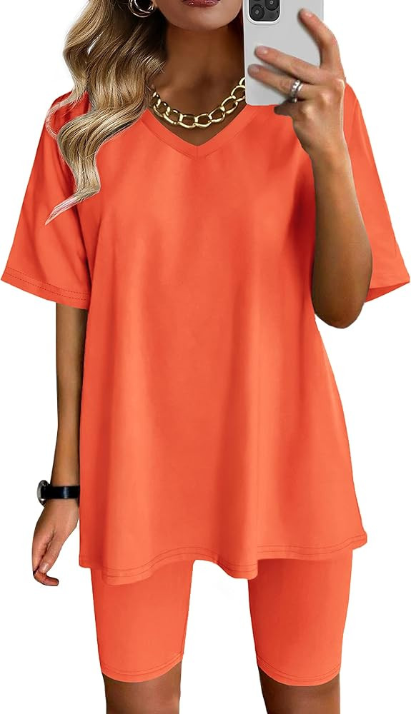 AGSEEM Two Piece Outfits For Women Summer V Neck T-Shirt Tops Biker Shorts Workout Sports Tracksu... | Amazon (US)