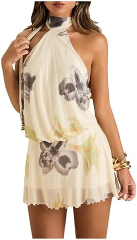 SOLY HUX Women's Halter Floral Print Backless Mini Dress Summer Dresses Elegant Date Outfit | Amazon (US)