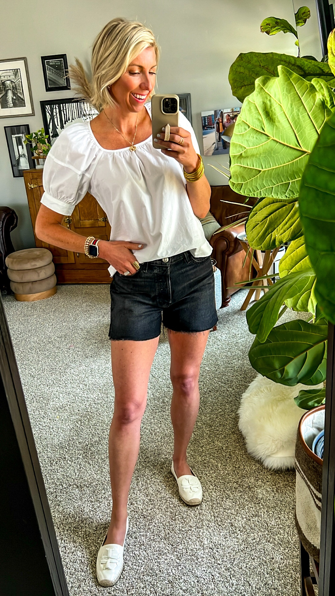 White blouse + black denim
Shirts + espadrilles = chic everyday look 
wearing size small top & sized up one in the denim shorts for a relaxed fit! These have amazing stretch 👍🏻
sarahskellystyle #denimshorts

#LTKunder50 #LTKstyletip #LTKFind
