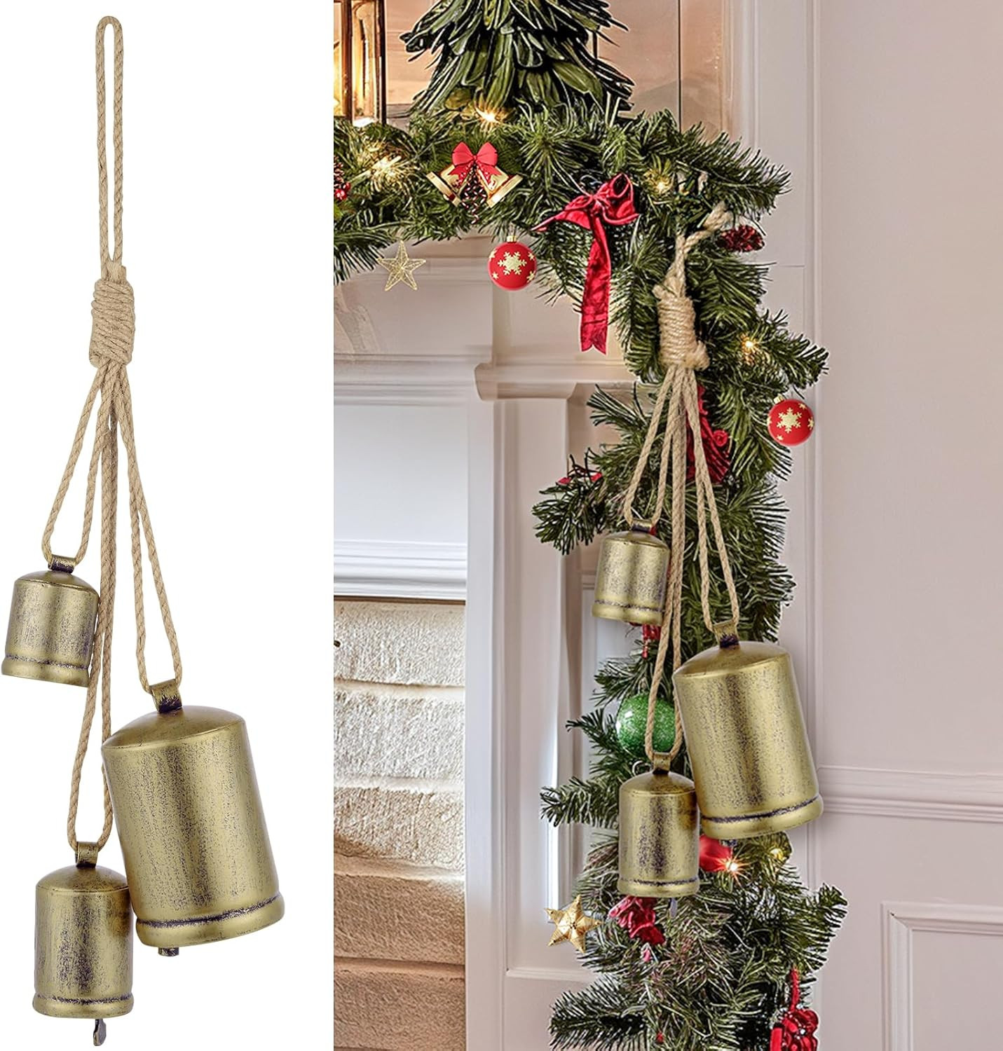 Minetom Vintage Christmas Bells - Set of 3 Bronze Bells with Hanging Jute Rope for Indoor and Out... | Amazon (US)
